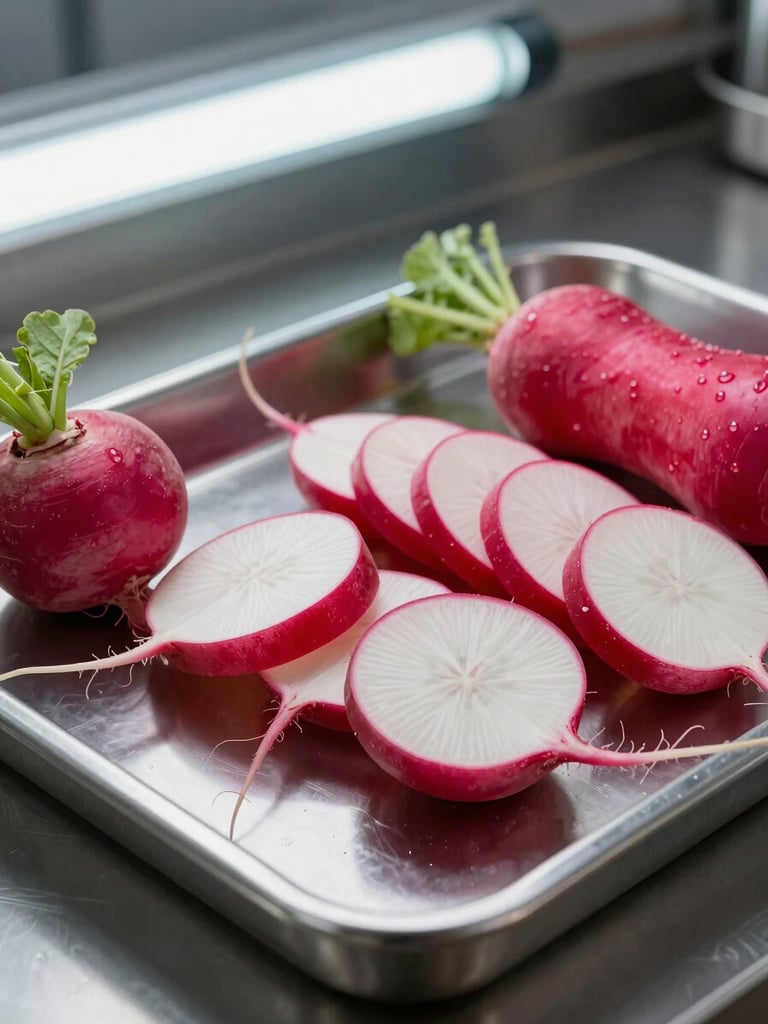 Tight macro shot of a stainless steel prep table, freshly sliced heirloom radishes arranged on a metal tray, bright commercial kitchen fluorescent light.