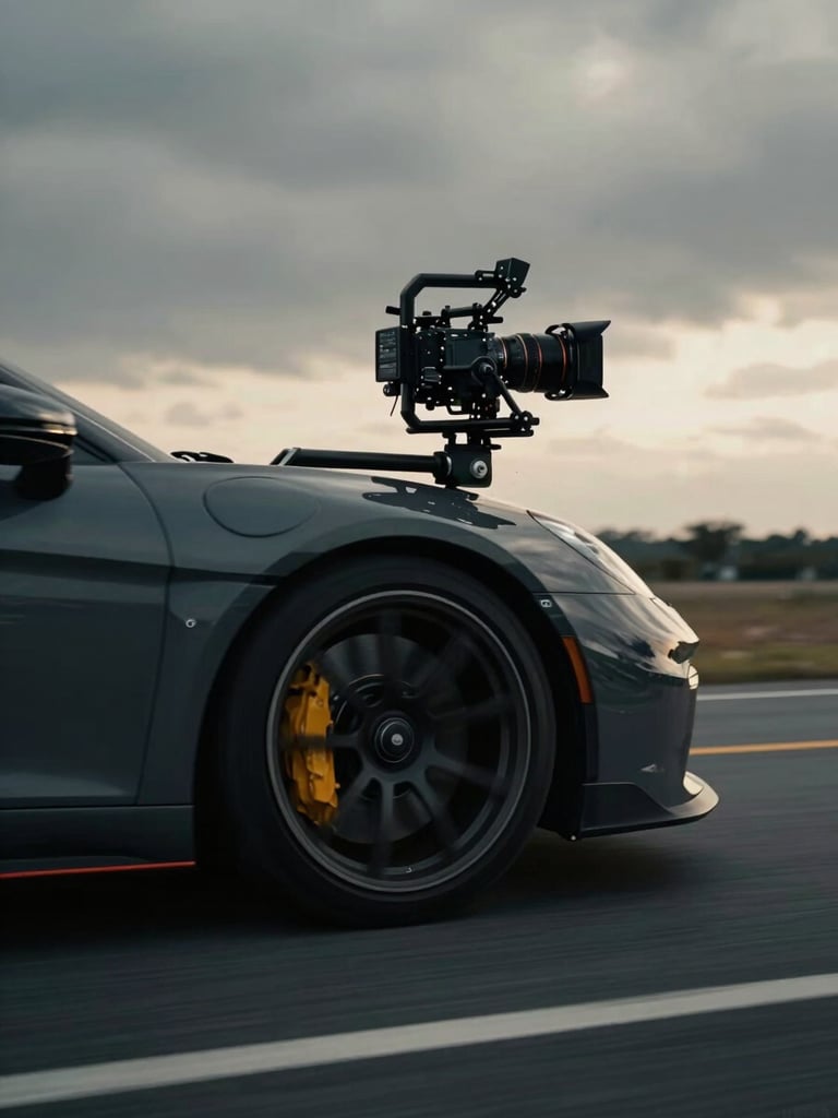 A professional camera rig mounted on the side of a sports car in motion, capturing the wheel spinning at high speed, moody overcast daylight, motion blur.