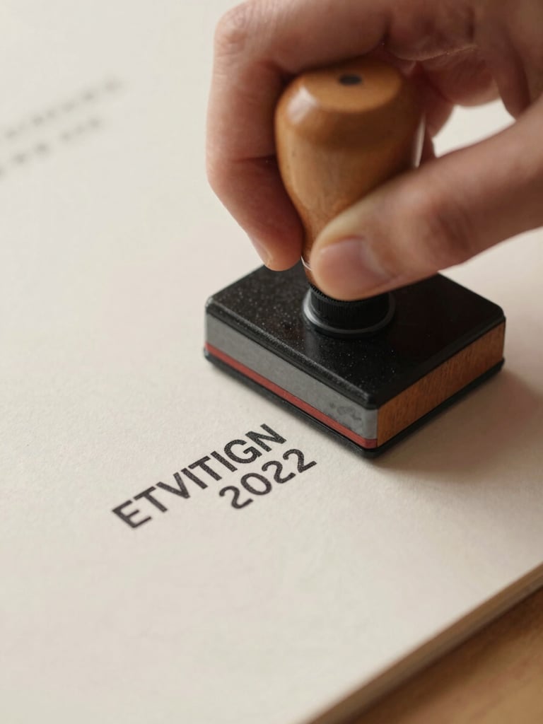 Close-up of a designer's hand pressing a rubber stamp onto the lower margin of a print, edition number freshly inked, warm paper texture visible, tight frame, neutral daylight