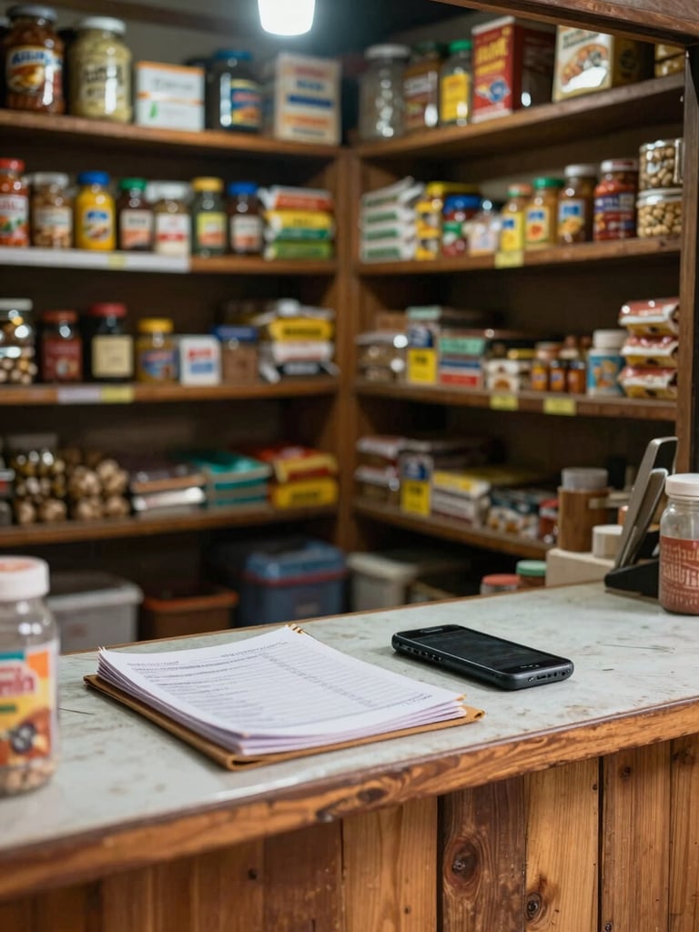 Wide environmental shot of a small Indian shop counter, wooden shelves stacked with goods visible in the background, a worn ledger and mobile phone resting on the counter surface, soft tungsten light from above, no people in frame