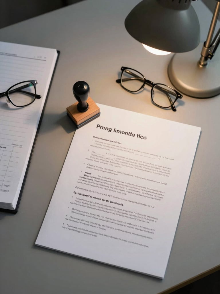 Overhead flat-lay of a small professional office desk: a stapled document set, a rubber stamp mid-placement on paper, a pair of reading glasses resting on an open register, soft tungsten light from a desk lamp, neutral grey surface, tight framing with no people visible