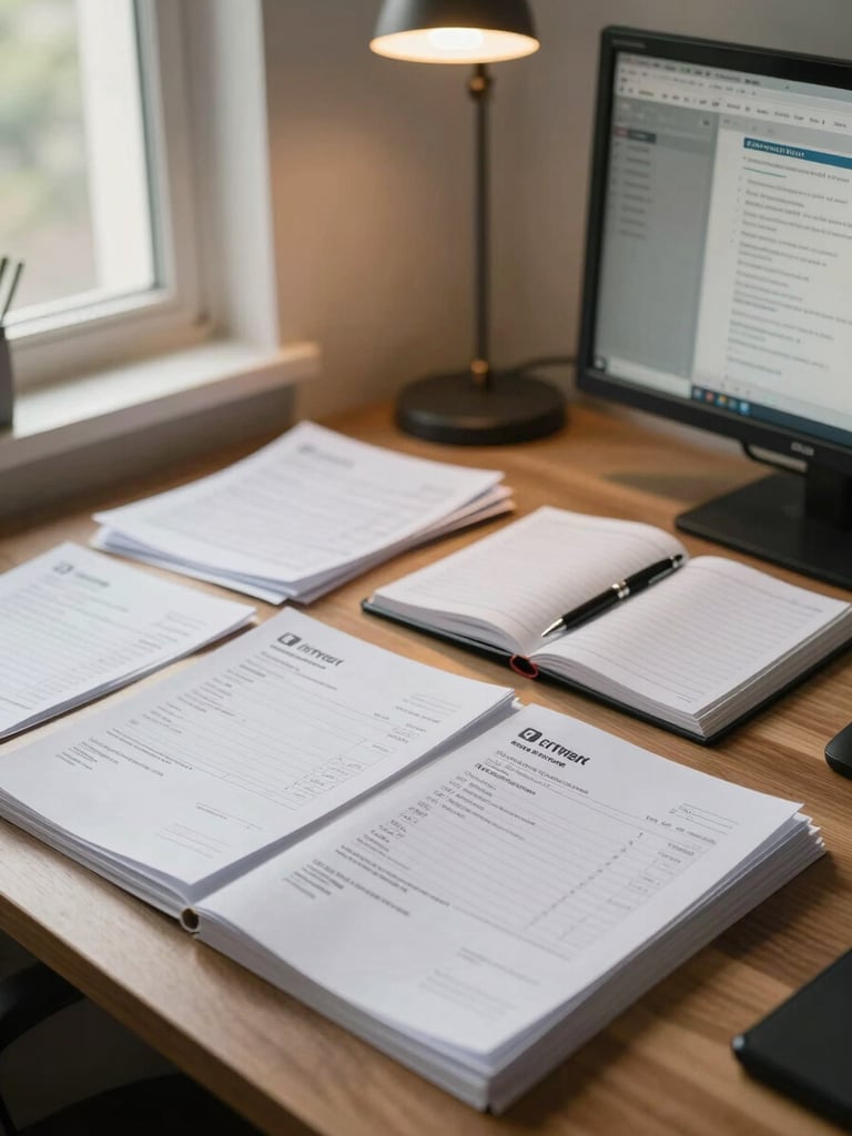 Wide environmental shot of a small Indian professional's desk — a neat stack of printed invoices, a pen resting on a ledger, a desktop monitor showing a browser, soft daylight from a window to the left, warm tungsten overhead light, no people visible, overhead-angled framing showing the full work surface