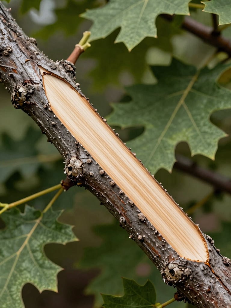 Close-up of a clean, precise pruning cut on a thick oak branch, showing healthy wood with a backdrop of green leaves in crisp morning light