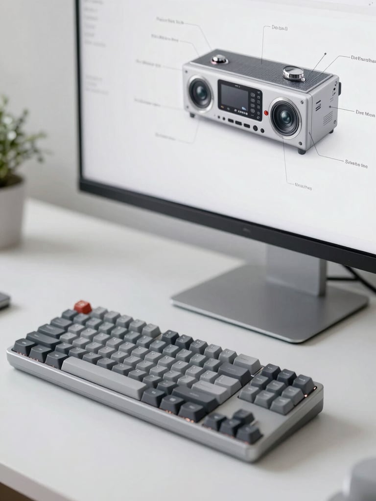 A minimalist desk setup with a mechanical keyboard, a high-fidelity system diagram on a clean monitor, soft natural daylight, shallow depth of field.