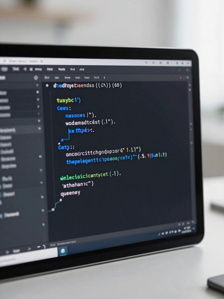 Close-up of a dark-themed code editor with clean TypeScript syntax, high contrast syntax highlighting, electric blue highlights, shallow depth of field