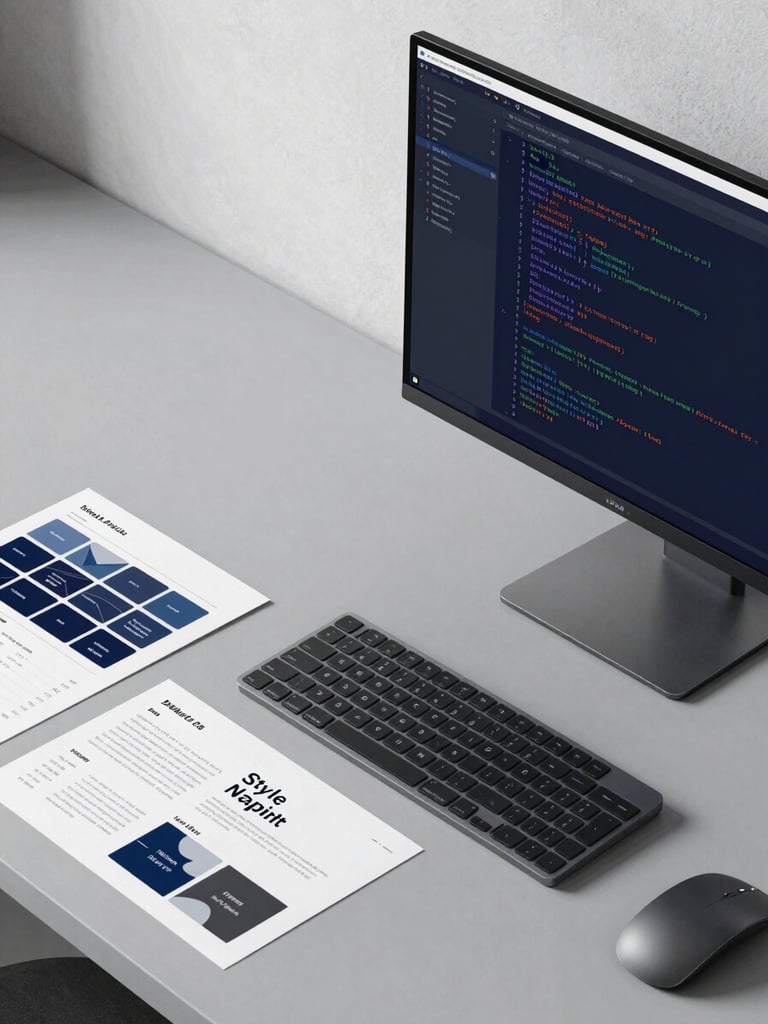 Sleek workspace flat-lay with a code editor open on a high-end monitor next to a printed brand style guide, cool natural light, minimalist gray and deep navy tones.