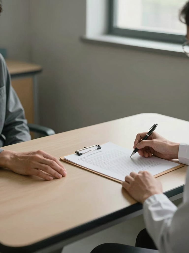Environmental wide shot: a clinical intake desk seen from slightly above and to the side, a patient's hand resting open on the desk surface near a manila folder, a second hand — the clinician's — holding a pen just above paper. Soft overcast north-facing daylight through an unseen window falls across the desk. Muted warm gray walls, no clutter. The frame is portrait-oriented with generous empty space at top and bottom. No faces visible, no eye contact, no smiles.