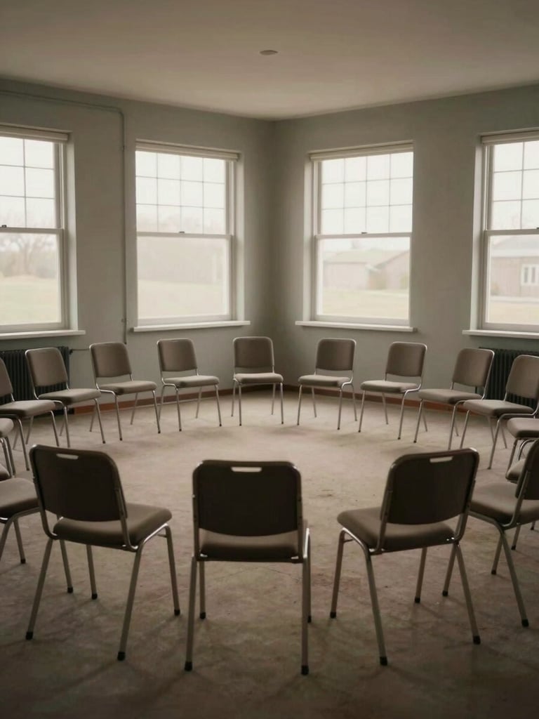 Wide environmental view of an empty group-therapy room, rows of plain chairs arranged in a circle, shot from a low side angle, soft overcast daylight entering through large north-facing windows, muted warm gray walls, no people present, quiet and still