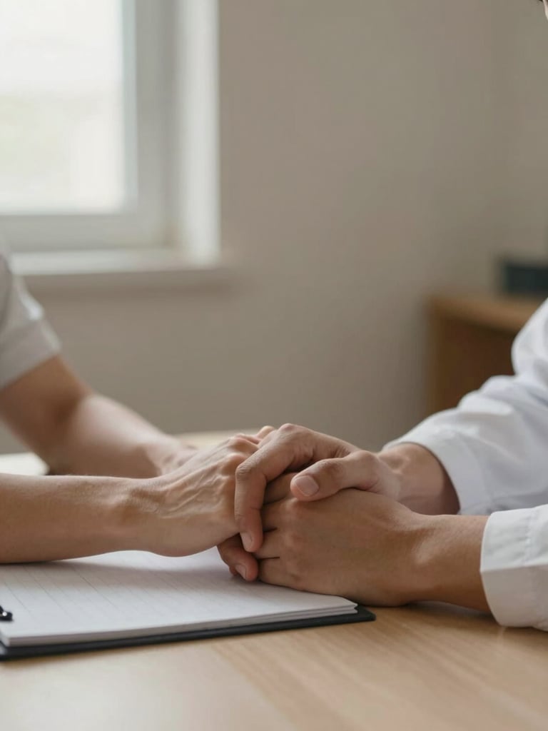 Close environmental shot of a clinical intake consultation — two pairs of hands resting on a plain table, a notepad partially visible, soft overcast light through a side window, muted clay-tone wall behind, no faces, intimate and precise