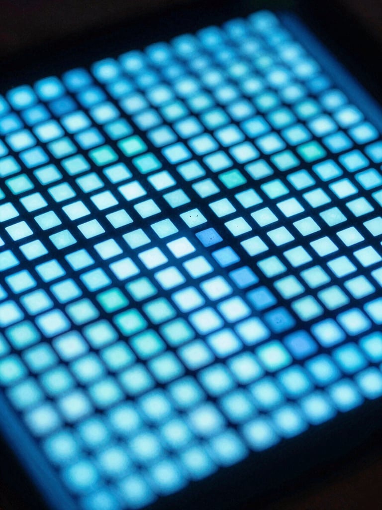 Macro close-up of a glowing self-lit OLED pixel array, deep contrast, electric blue and cyan hues, clean high-tech reflections
