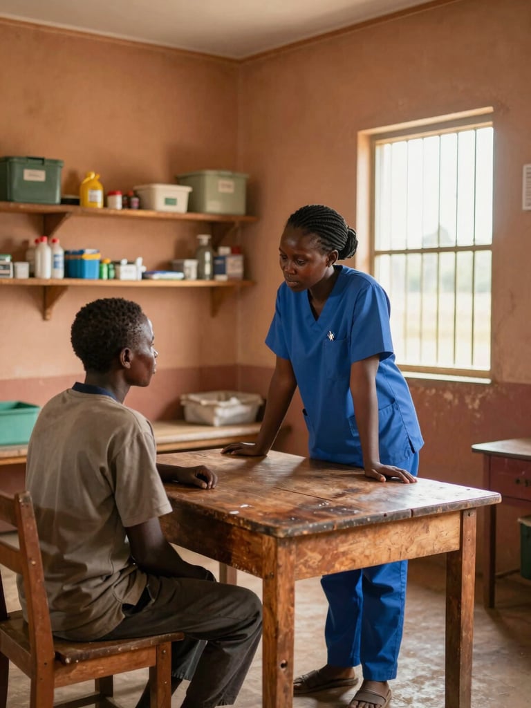 Wide environmental shot inside a rural Lesotho clinic, a community health worker in a blue uniform leaning toward a patient across a worn wooden table, natural window light from the right, clinic supplies visible on shelves behind, warm ochre walls, authentic and unposed