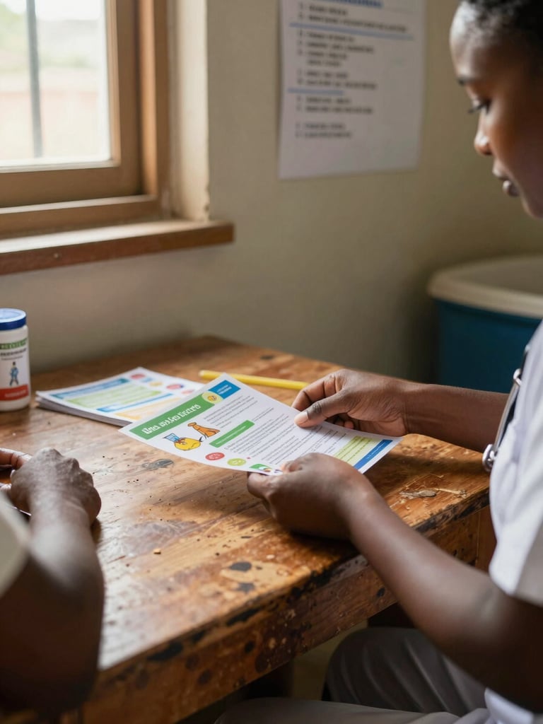 Close environmental shot inside a Lesotho community clinic, a health worker's hands spreading educational materials across a worn wooden table under warm window light, a patient's arm visible at the edge of the frame, clinic walls showing handwritten health charts