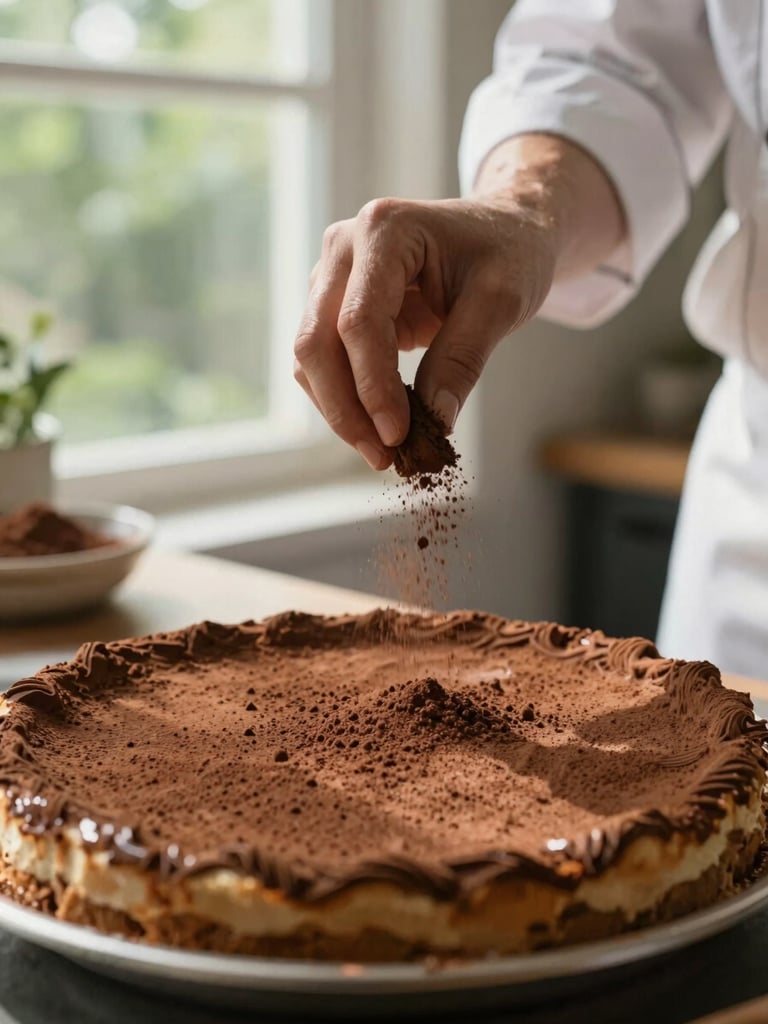 A warm, natural shot of a chef's hands dusting cocoa powder over a freshly baked dessert in a sunlit kitchen, 35mm