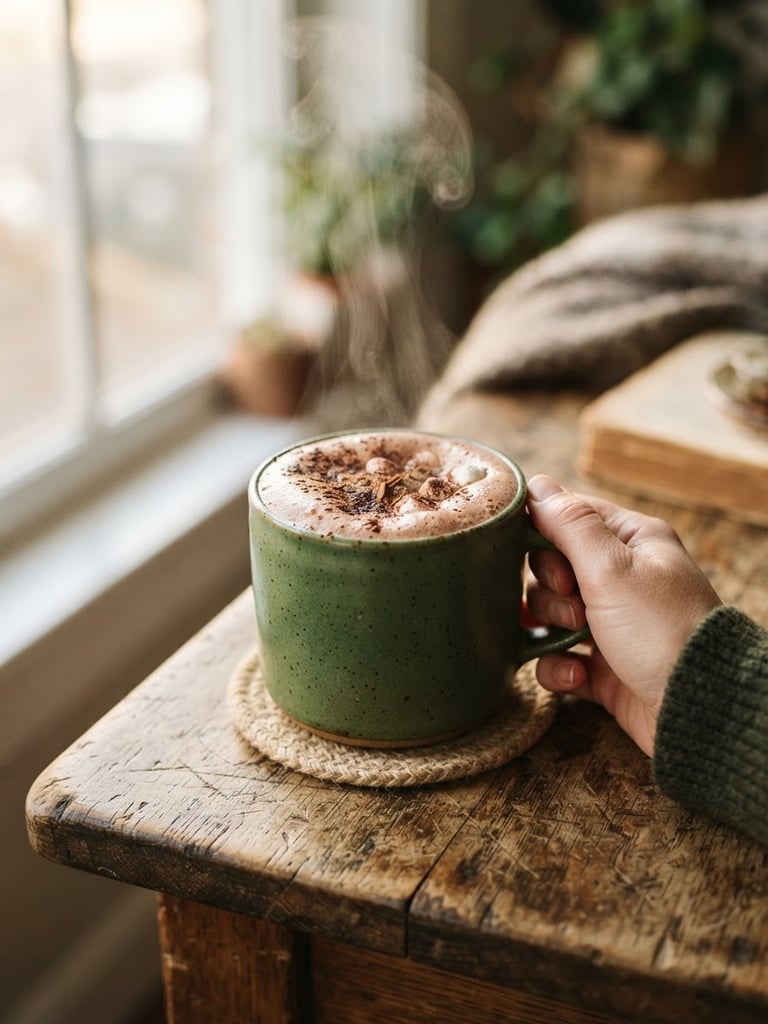A close-up of a steaming mug of cocoa with rich froth on a rustic wooden table, soft natural window light, shallow depth of field, 35mm