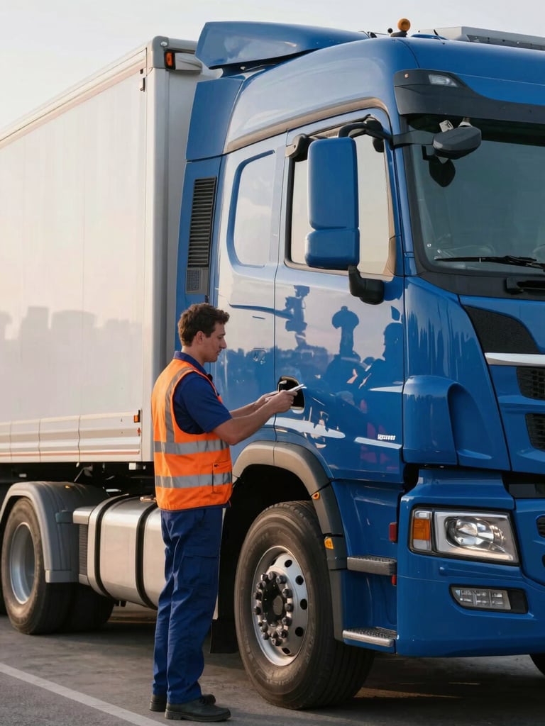 A professional truck driver in a clean uniform conducting a pre-trip inspection on a modern blue semi-truck, crisp morning daylight, sharp focus, industrial background