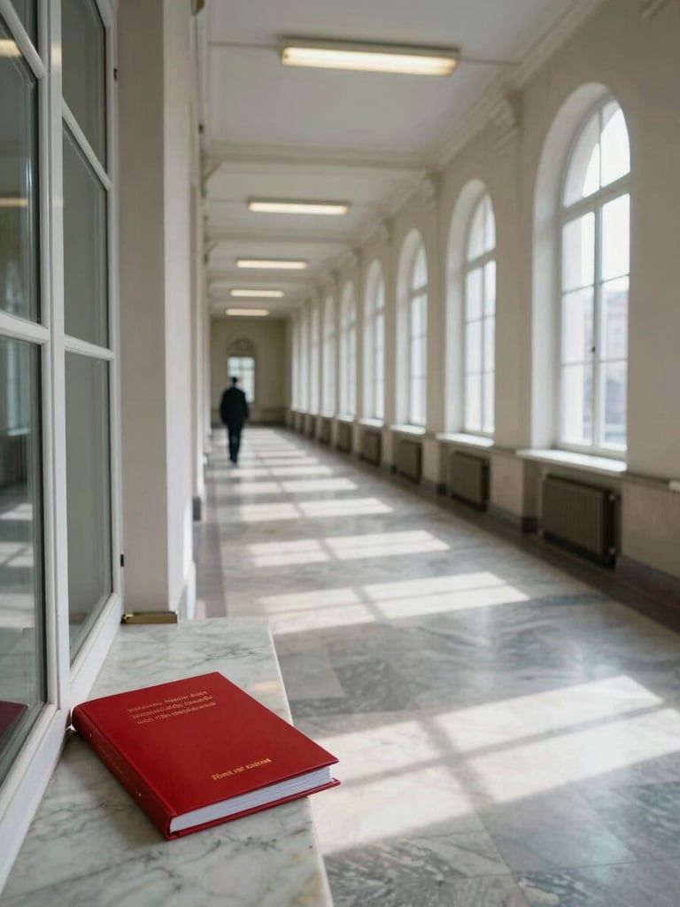 Wide environmental shot looking down a long ministry corridor in Warsaw, pale institutional fluorescent light washing the marble floor, a single figure in a dark suit visible far at the end of the hallway, redacted document folder resting on a windowsill in the foreground left, cool daylight from tall arched windows on the right side casting long shadows