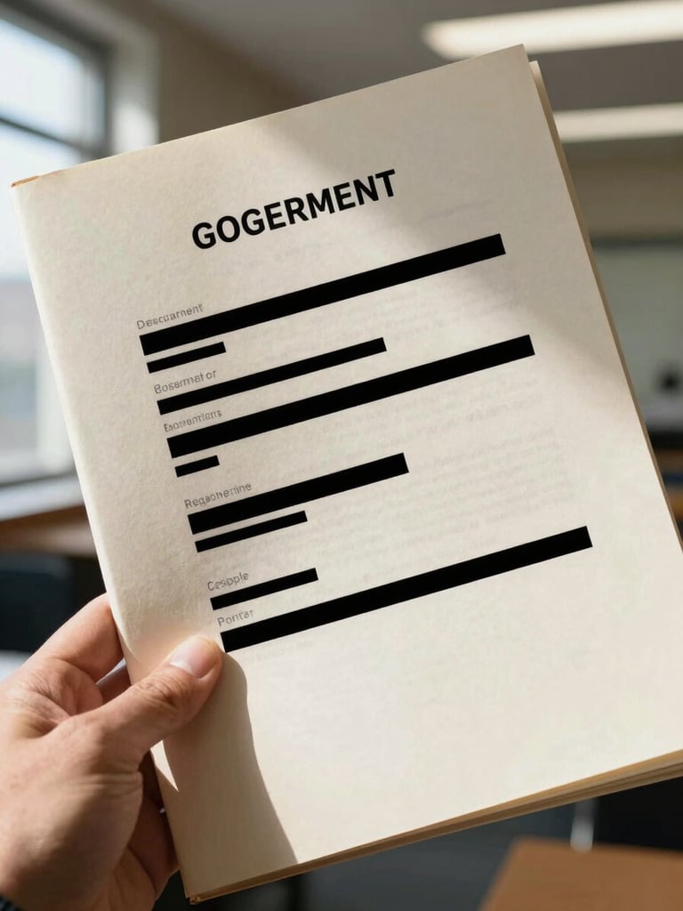Extreme close-up of a hand holding a thick government dossier with several lines of text redacted in solid black, cool window light from the left casting sharp shadow on cream paper, document edges slightly worn, institutional setting implied by the pale fluorescent ambient light