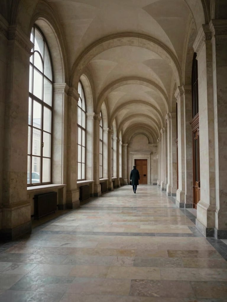 Wide environmental shot looking down a high-ceilinged ministry corridor in Warsaw — tall arched windows casting cool daylight across pale stone floors, a single figure in a dark coat visible mid-distance, institutional grandeur, no warm tones, framed from the left side of the hallway to emphasize depth and institutional scale