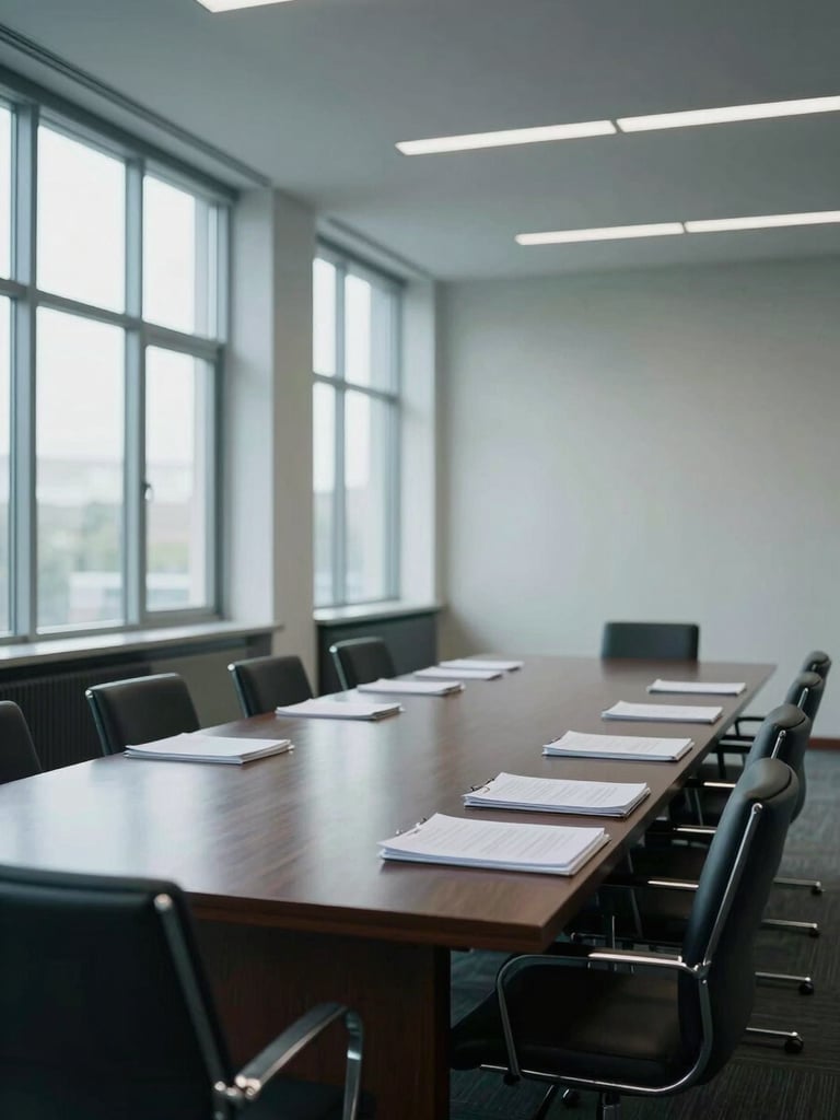Environmental wide shot of an empty high-ceilinged conference room, pale cool daylight entering from tall windows on the left, a long dark wood table with empty chairs, stacks of bound documents at the far end, no people, the quiet before a critical meeting