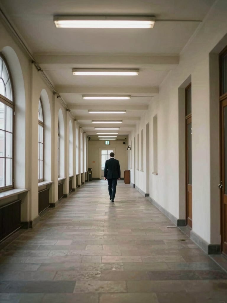 Environmental wide shot looking down a long ministry corridor in Warsaw, pale institutional fluorescent light overhead, a lone official in a dark suit walking away at the far end, tall arched windows on the left casting cool daylight stripes across the stone floor, foreground empty and out of focus