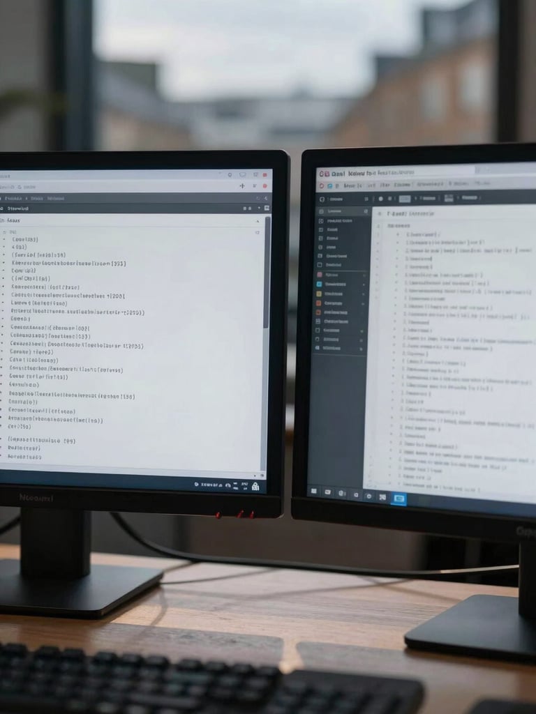 A close-up of dual-monitor setups showing complex transaction data schemas, blurred for realism, cool overcast London daylight casting sharp shadows.