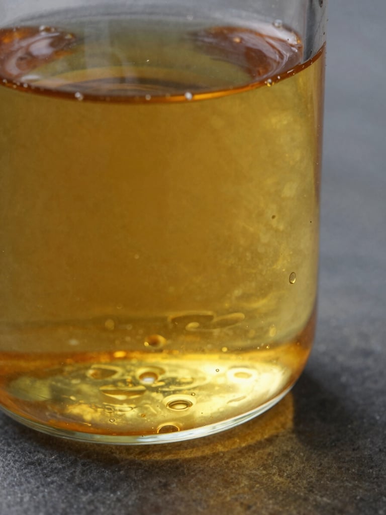Extreme close-up of amber castor oil filling a clear glass vessel, north-facing daylight streaming through the liquid, visible light refraction casting warm ochre tones on a dark stone surface, tight frame with the glass edge bleeding right