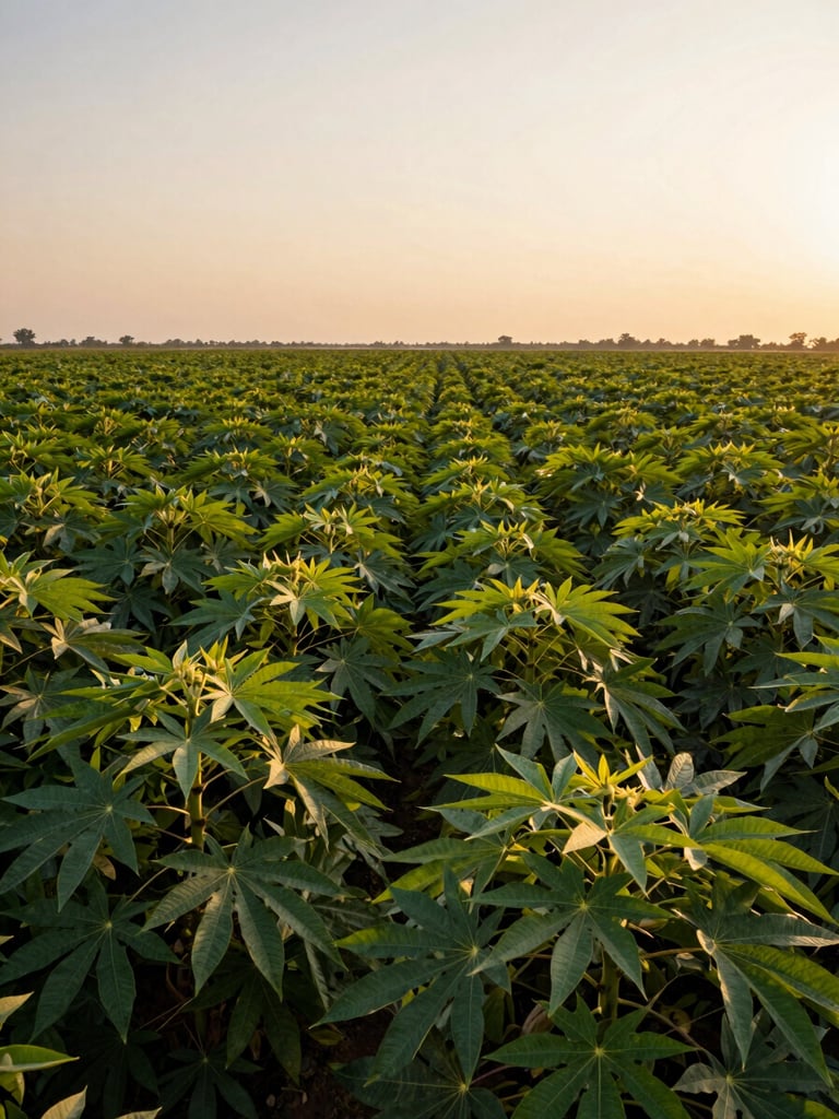 Wide panoramic view of a castor crop field in Gujarat at golden hour — dense rows of Ricinus communis plants with large palmate leaves stretching to a flat horizon, warm amber light raking across the canopy from the left, the far right of the frame dissolving into open sky, no people visible