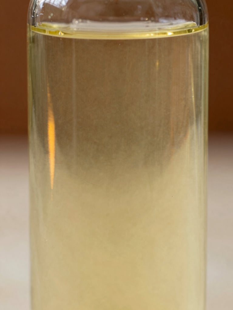 Extreme close-up of pale amber castor oil filling a clear glass vessel, north-facing daylight catching the liquid from the left and casting a warm golden refraction across the interior glass wall, the background softly out of focus in deep ochre tones, no labels or text visible