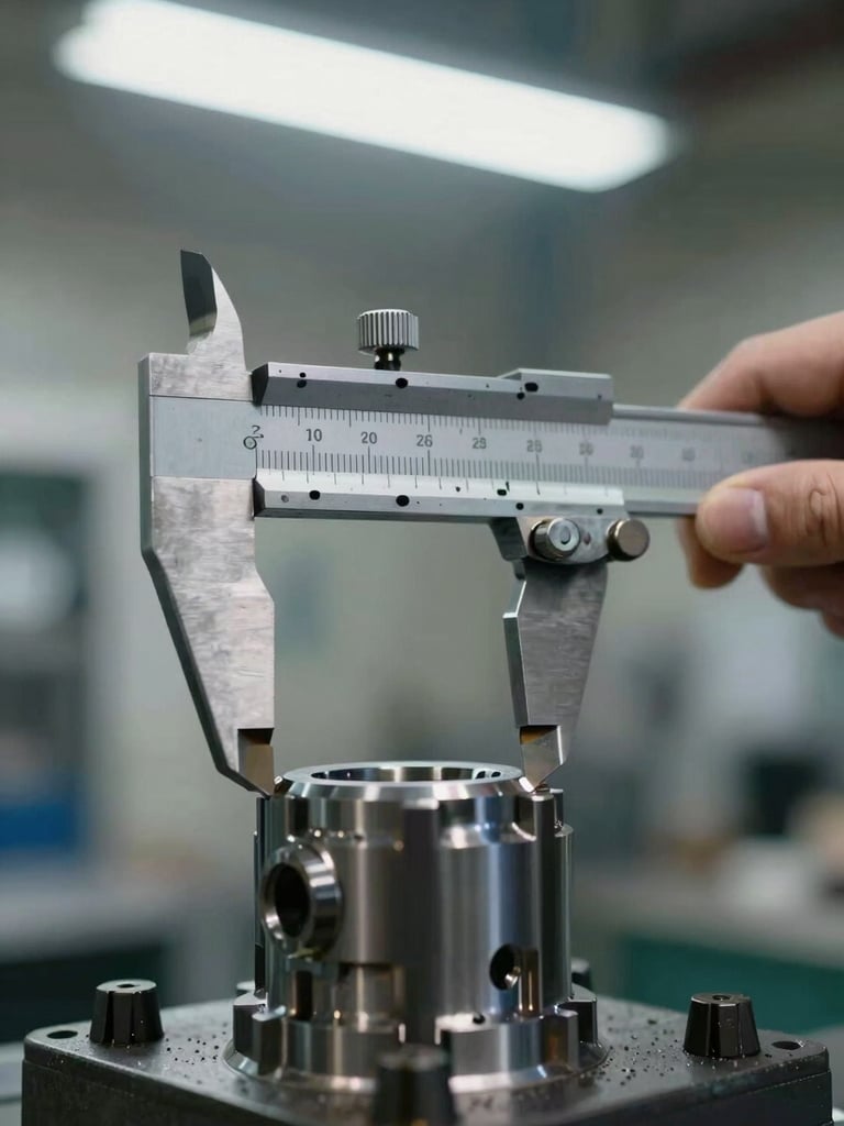 A close-up technical shot of an industrial caliper measuring a machined metal component on a factory floor, sharp overhead lighting, high precision