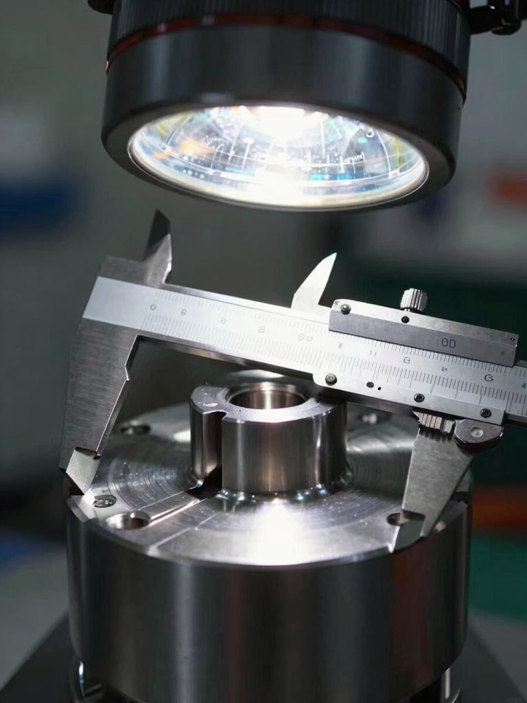 Close-up of a precision-machined steel component under bright industrial inspection light, technical calipers measuring tolerances