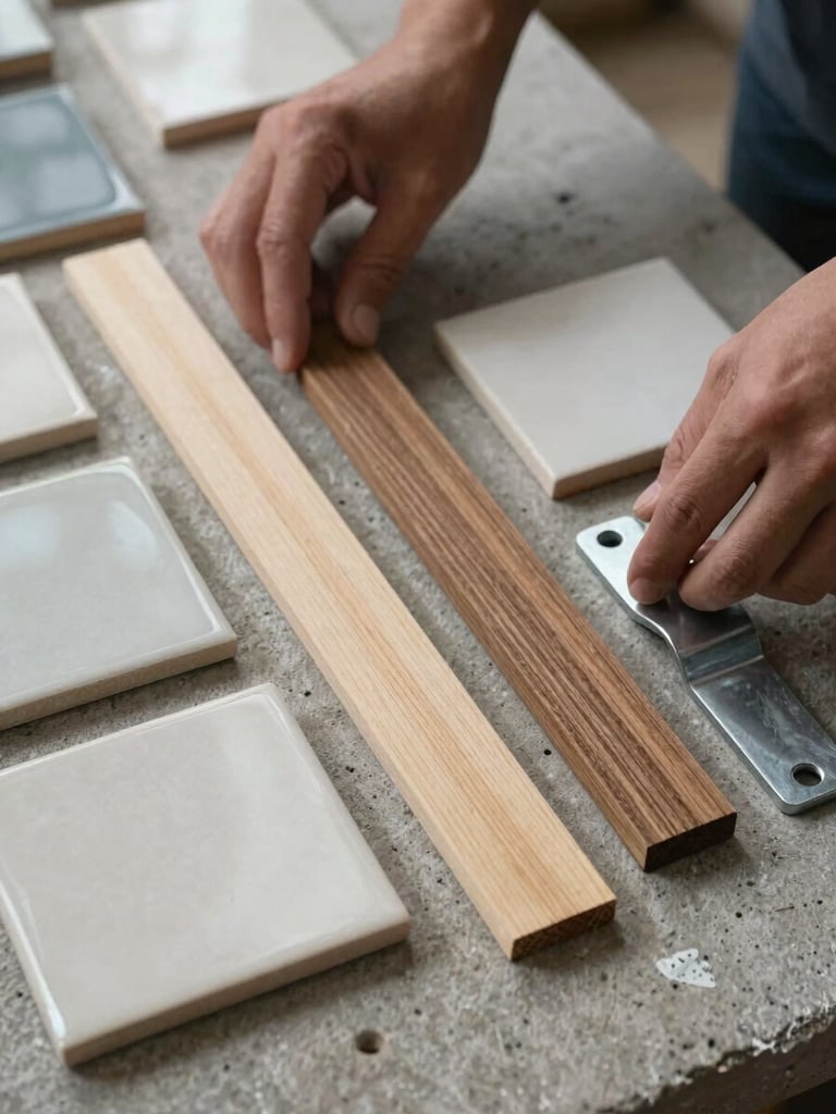 Close-up of material samples — ceramic tiles, a wood strip, and a metal bracket — laid out on a rough concrete surface under natural overcast light, hands partially visible arranging them, documentary framing