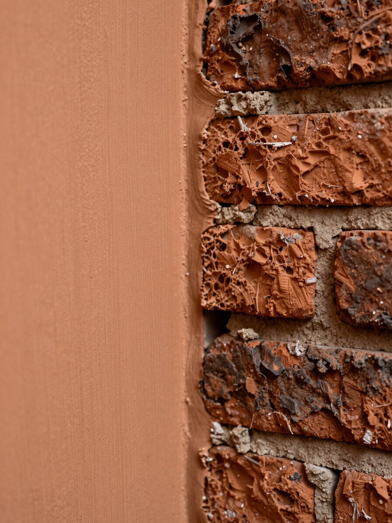 Extreme close-up of a wall corner where new plaster meets old brick, natural sidelight revealing texture contrast, fine trowel marks still visible on fresh surface, warm ochre tone