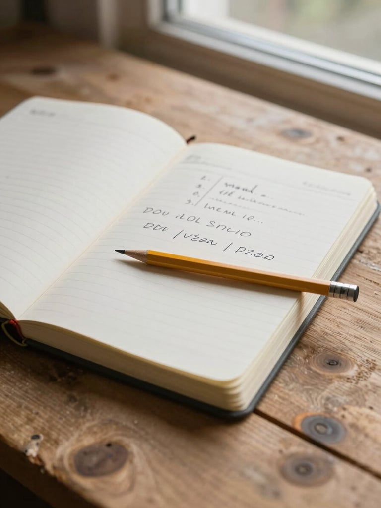 Eye-level shot of an open construction notebook with handwritten measurements and material notes beside a pencil, resting on a rough wooden table under warm window light, documentary close-up, no people