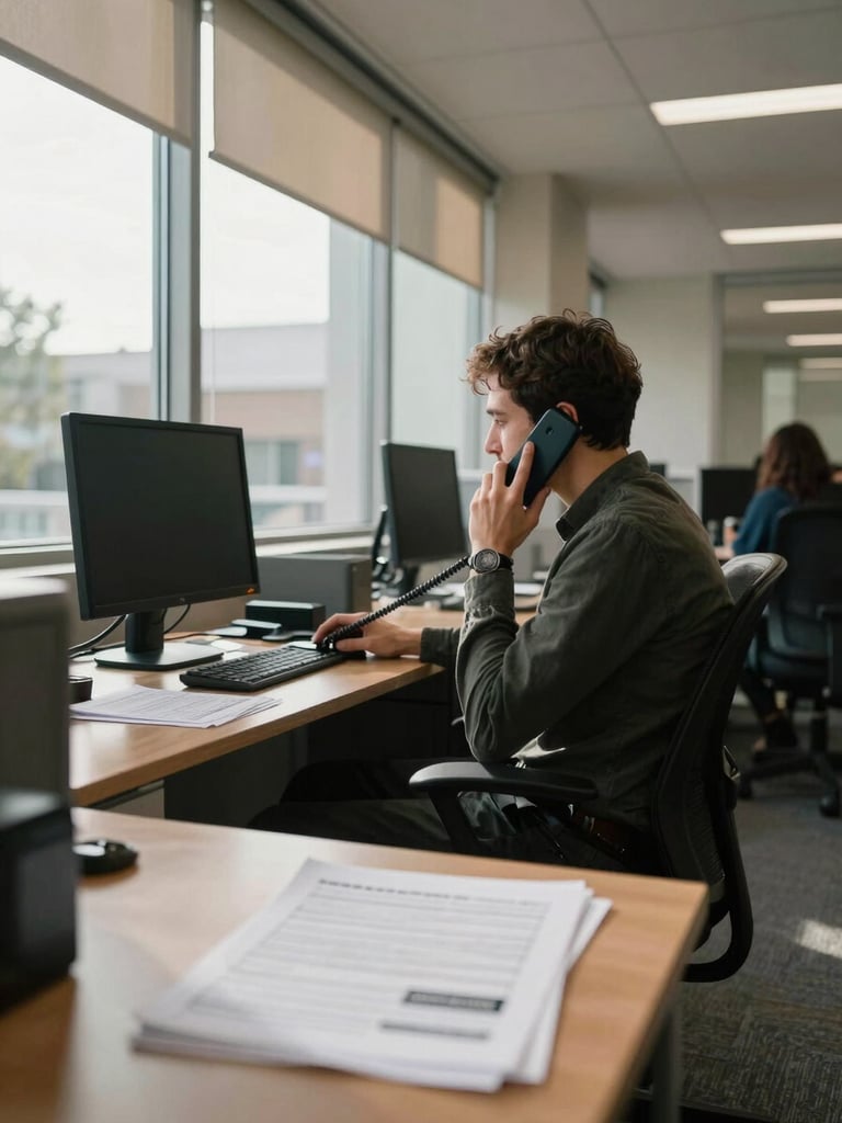 Wide environmental shot of a real office interior, a person in business casual seated at a desk speaking on a phone, natural daylight streaming through large windows to the left, papers and intake forms visible on the desk surface, no posed warmth, documentary framing