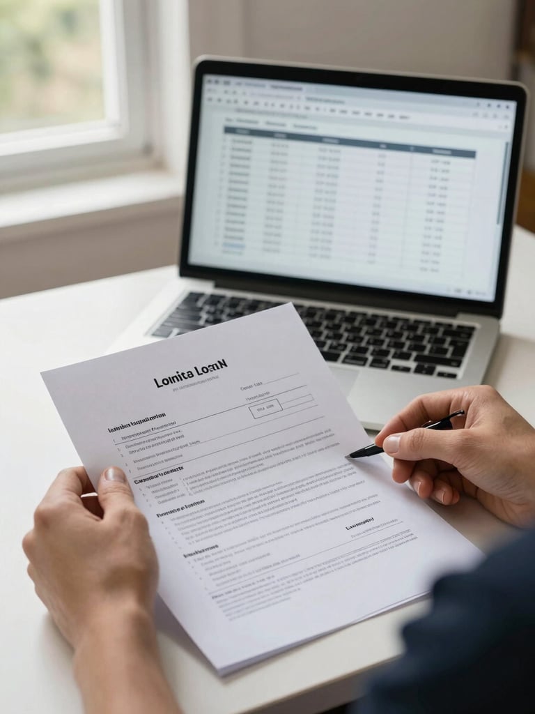 Medium shot of a borrower's hands turning pages of a printed loan statement on a desk, a laptop screen showing a rate comparison spreadsheet softly visible in the background, sharp natural window light from the left, candid not posed, Australian suburban home interior visible beyond
