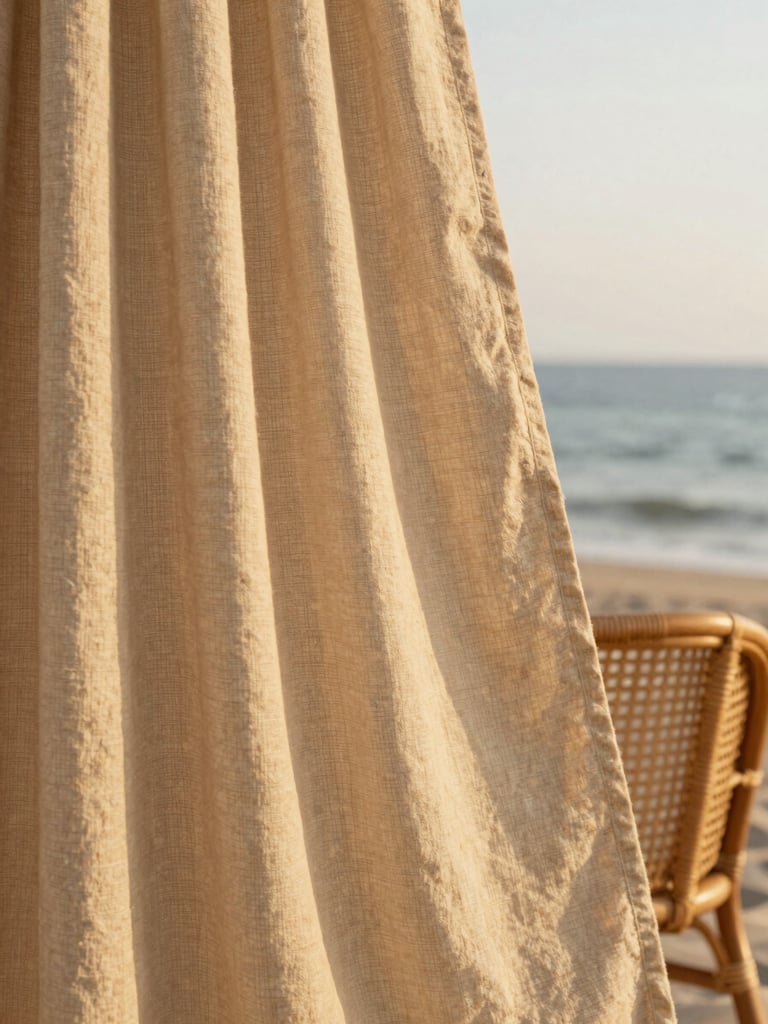Close-up of warm sand-colored linen curtains blowing in a soft breeze, rattan chair in the background, warm golden hour light, editorial style