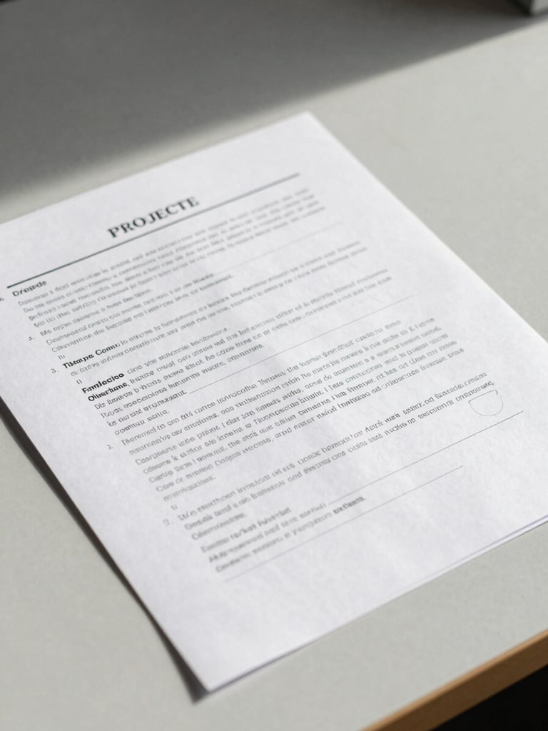 Close-up overhead flat lay of a printed project brief covered in pencil annotations and margin notes on a pale grey desk, north-facing studio daylight, minimal shadow, process artifact feel