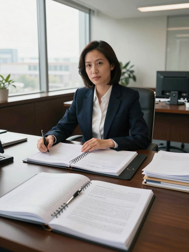 Wide shot of an advocate at a large desk in a law office, surrounded by open case binders and a legal pad with handwritten notes, natural light from tall windows behind, mid-review posture, eye-level framing