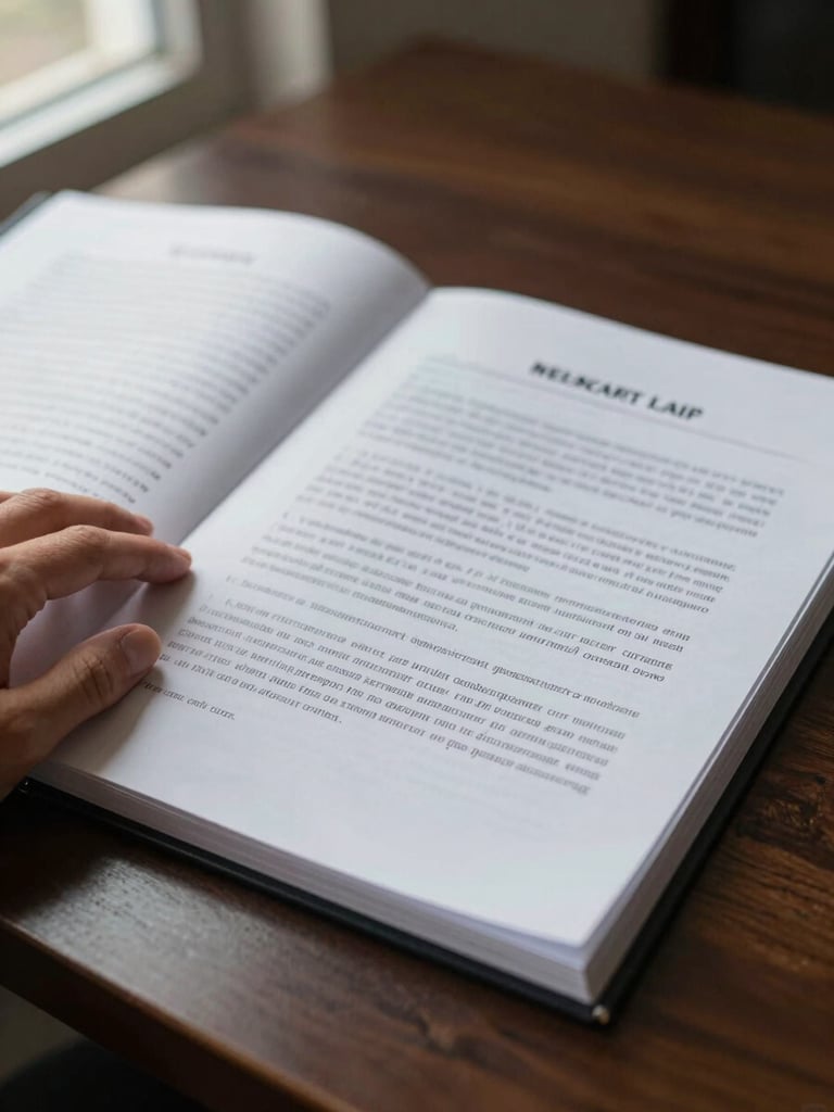 Close-up of an open legal case file on a dark wood desk, annotated pages visible under soft natural window light from the left, a hand resting on the edge of the document, ink-written margin notes in sharp focus