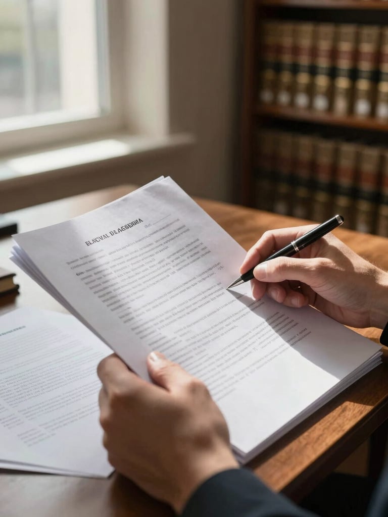 Wide editorial frame, advocate's hands holding an open legal case file on a desk, natural window light raking across the document pages, pen resting on a handwritten margin note, out-of-focus law library shelves visible in the background right third