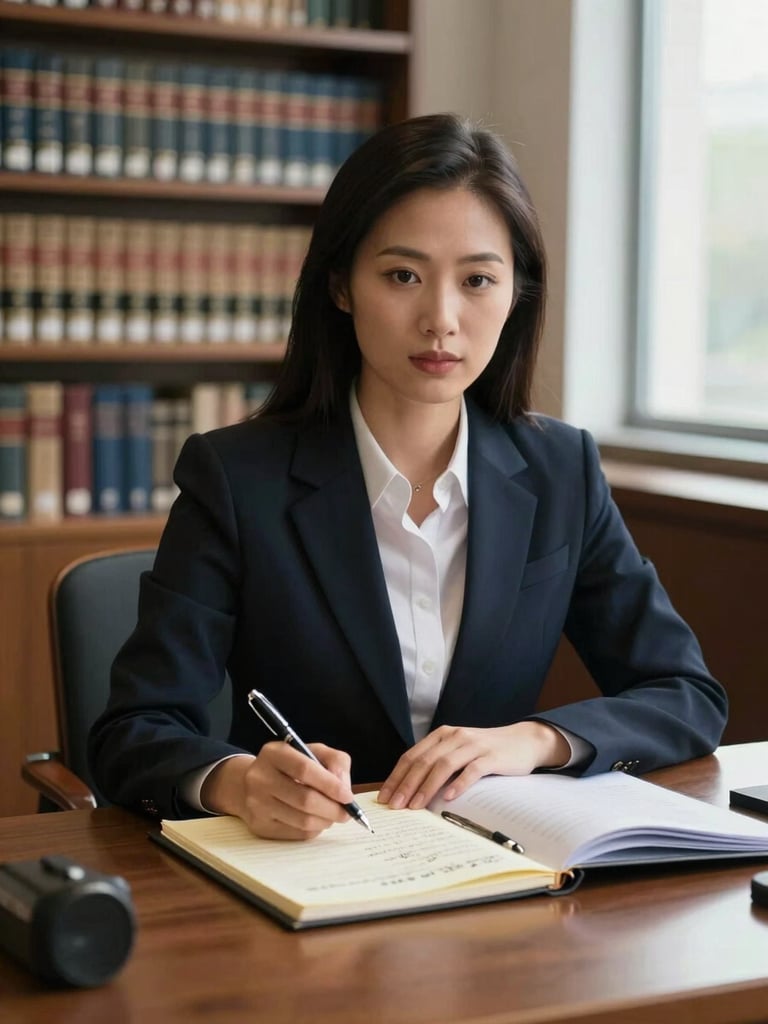 Eye-level shot of an advocate seated at a wide desk in a law library, open case binders spread before them, pen in hand over a yellow legal pad with handwritten notes, rows of law books softly blurred behind, cool natural window light from the right