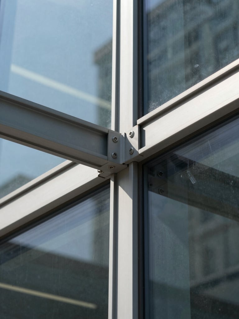 Close-up macro shot of architectural details on a modern glass facade, showing clean structural joints and steel frames under bright daylight, highlighting precision engineering.
