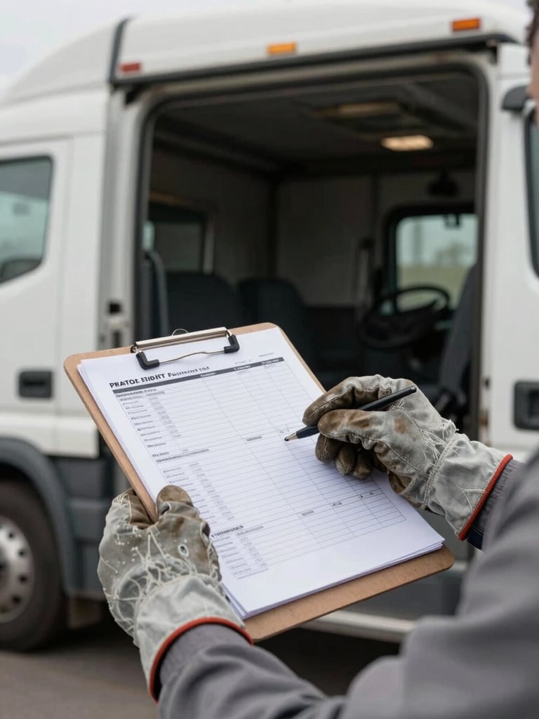 Close-up medium-wide of a truck driver's hands gripping a clipboard with a freight manifest, dock bay doors open behind them, practical daylight cutting across worn work gloves and paperwork, documentary framing