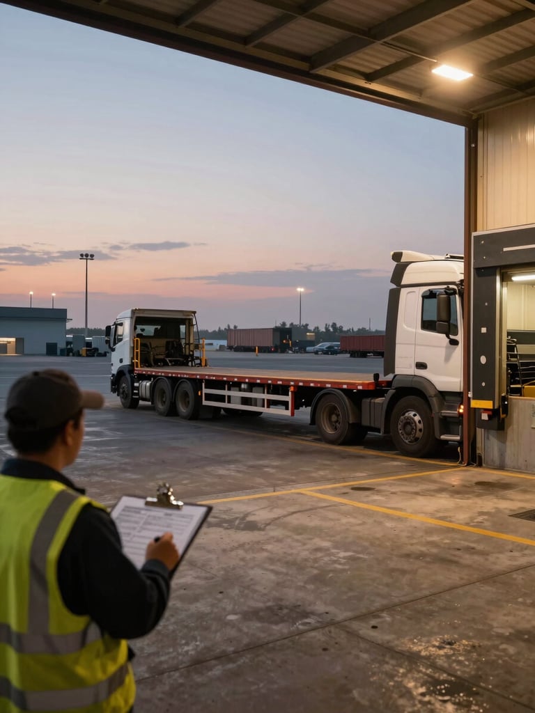 Wide panoramic view from inside a freight dock at dusk, a flatbed truck backing into a loading bay at the right edge, dock lights casting amber pools on the concrete floor, a worker in a high-vis vest checking a manifest clipboard in the foreground left, industrial haze in the background