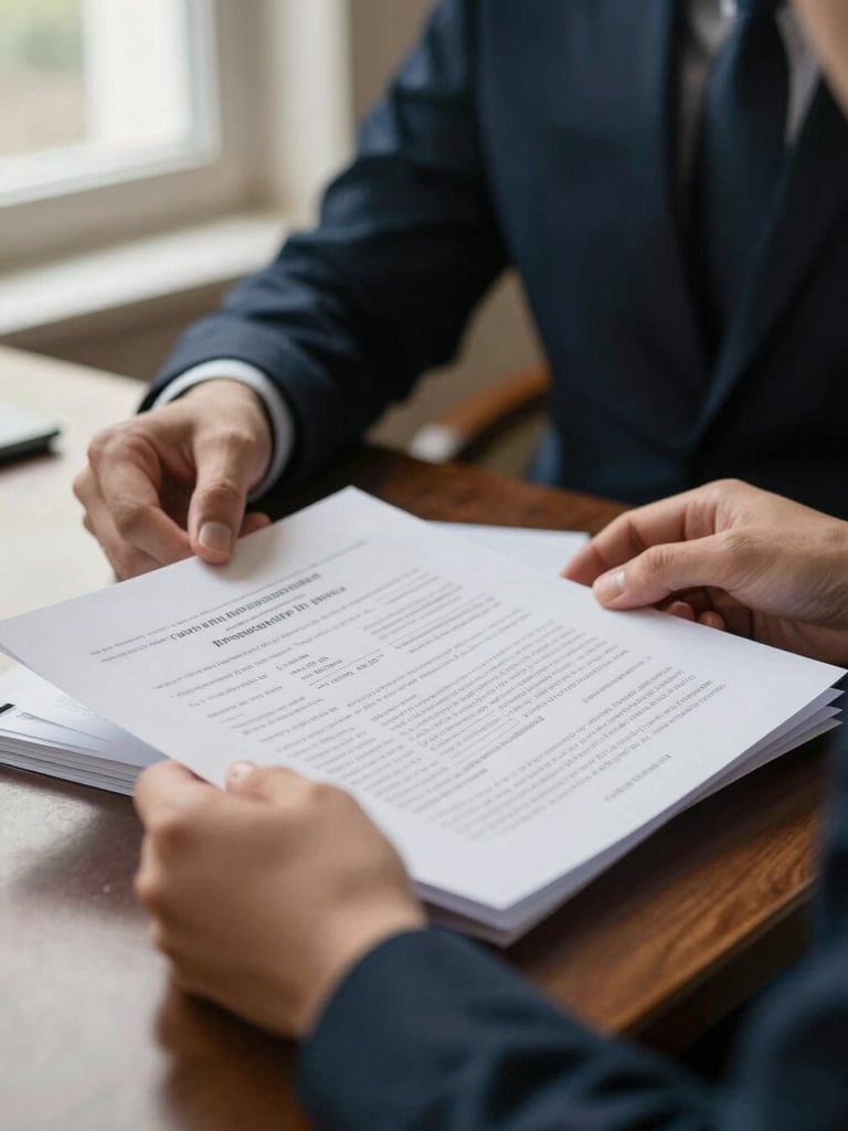 A close-up of hands reviewing official academic credentials and research papers on a dark wooden desk, soft window light, shallow depth of field
