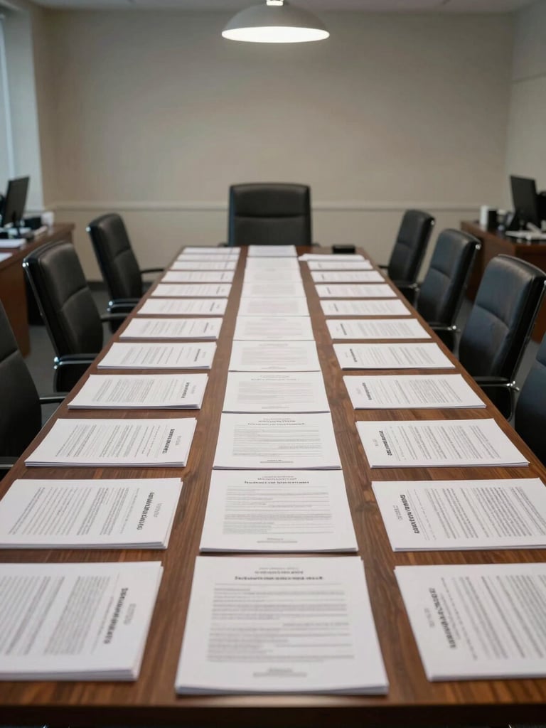 Wide environmental shot of a federal procurement office interior, long table with official bid documents laid out in organized rows, a single overhead lamp illuminating the documents, no people, clean and precise atmosphere