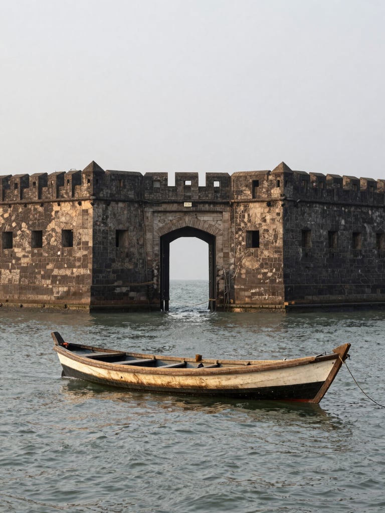 Portrait-framed view of Murud Janjira sea fort from a wooden fishing boat approaching across calm grey-green water, fort walls rising directly from the sea, overcast diffuse morning light, fort gate arch visible centre-frame, no passengers in foreground