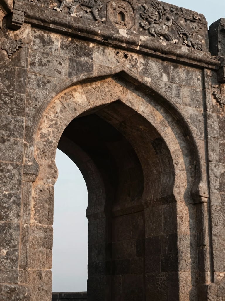 Close-up architectural detail of Raigad Fort's stone gateway arch, ancient basalt blocks with visible chisel marks, morning diffuse light casting soft shadows across the carved lintel, no people in frame, framing tight on the gate mouth with sky visible through the opening