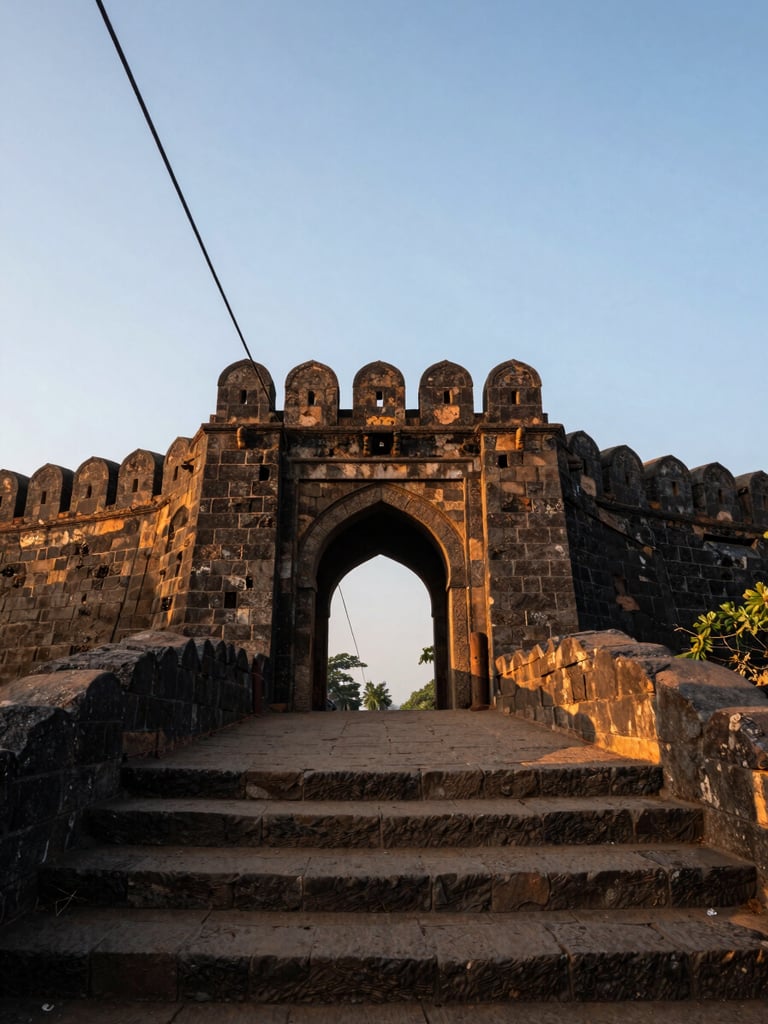 Wide environmental shot looking up at Raigad Fort stone gateway at dawn, ropeway cable visible in upper left corner, rough laterite steps in foreground, golden-hour rim light catching the top of the battlements, deep shadow in the archway, sparse vegetation on the hillside, no tourists visible