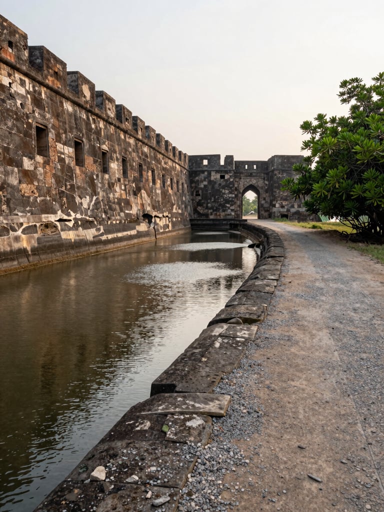 Wide establishing shot of Revdanda Fort ruins at low tide, crumbling laterite walls tracing the shoreline to the left third of frame, calm creek water reflecting morning light, mangrove edge visible at right, empty gravel path leading toward the fort gate, overcast diffuse daylight, no people